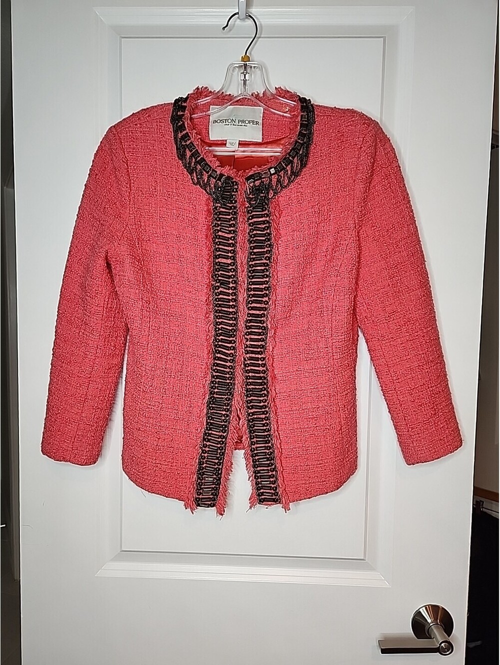 Boston Proper Blazer Women's Sz 8 Hot Pink Coral Tweed Jacket Designer Crop NEW